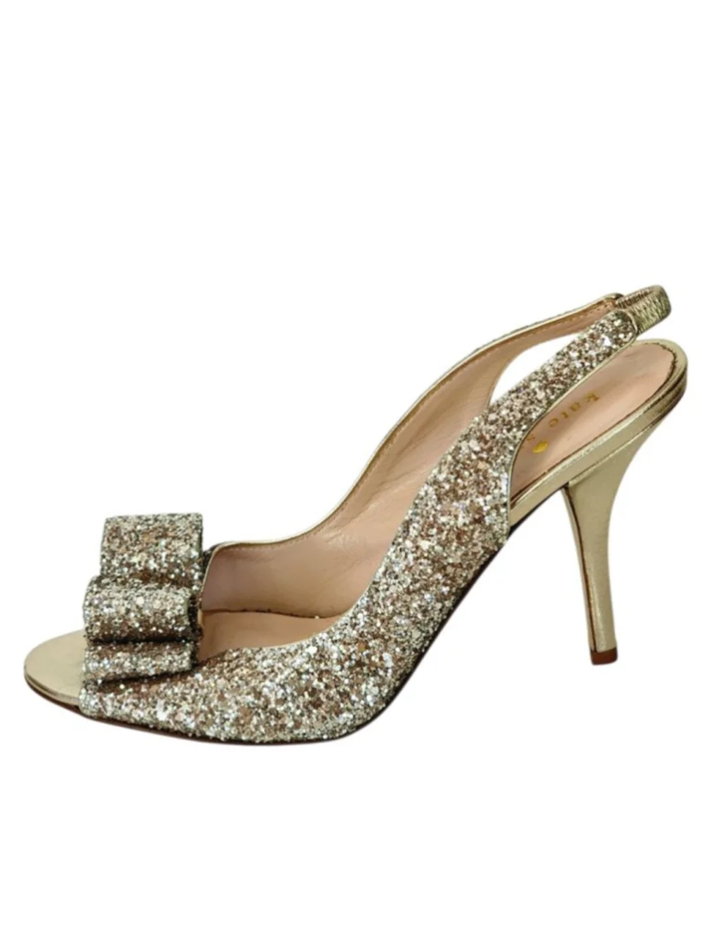KATE SPADE Charm‎ Gold Glitter Bow Peep Toe Slingback Sandals Wedding Size 6.5